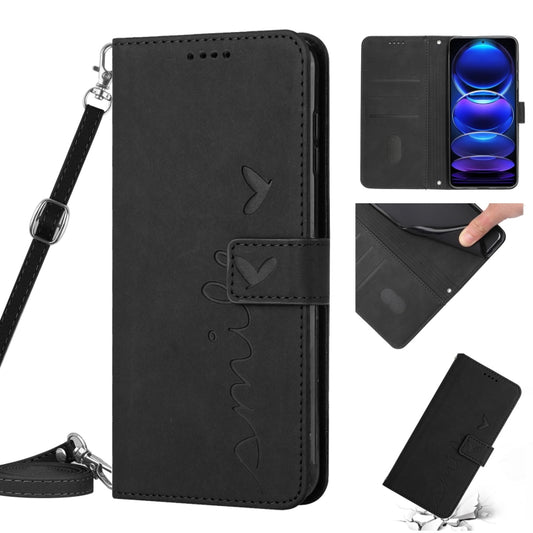 For Xiaomi Redmi Note 12 Global / Poco X5 5G Skin Feel Heart Pattern Leather Phone Case with Lanyard(Black) - Note 12 Cases by buy2fix | Online Shopping UK | buy2fix