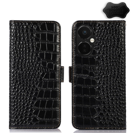 For OnePlus Nord CE 3 Lite Crocodile Top Layer Cowhide RFID Leather Phone Case(Black) - OnePlus Cases by buy2fix | Online Shopping UK | buy2fix