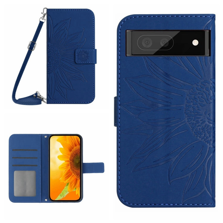 For Google Pixel 7A Skin Feel Sun Flower Pattern Flip Leather Phone Case with Lanyard(Dark Blue) - Google Cases by buy2fix | Online Shopping UK | buy2fix