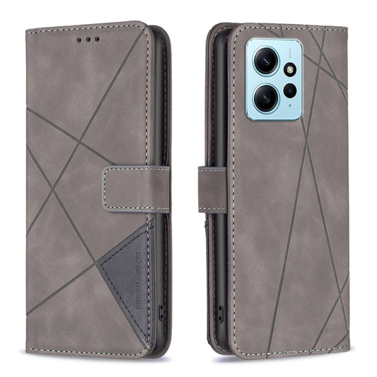 For Xiaomi Redmi Note 12 4G Global Magnetic Buckle Rhombus Texture Leather Phone Case(Grey) - Note 12 Cases by buy2fix | Online Shopping UK | buy2fix