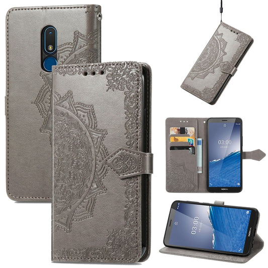 For Nokia C3 Mandala Flower Embossed Leather Phone Case(Grey) - Nokia Cases by buy2fix | Online Shopping UK | buy2fix