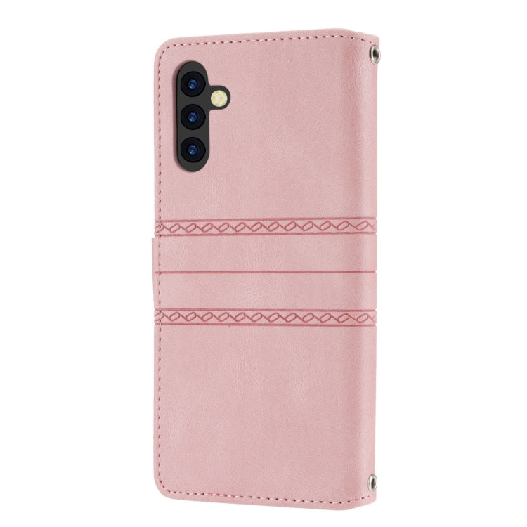 For Samsung Galaxy A14 5G Embossed Stripes Skin Feel Leather Phone Case(Pink) - Galaxy Phone Cases by buy2fix | Online Shopping UK | buy2fix