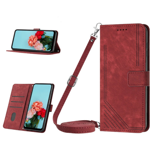 For Nokia C32 Skin Feel Stripe Pattern Leather Phone Case with Lanyard(Red) - Nokia Cases by buy2fix | Online Shopping UK | buy2fix