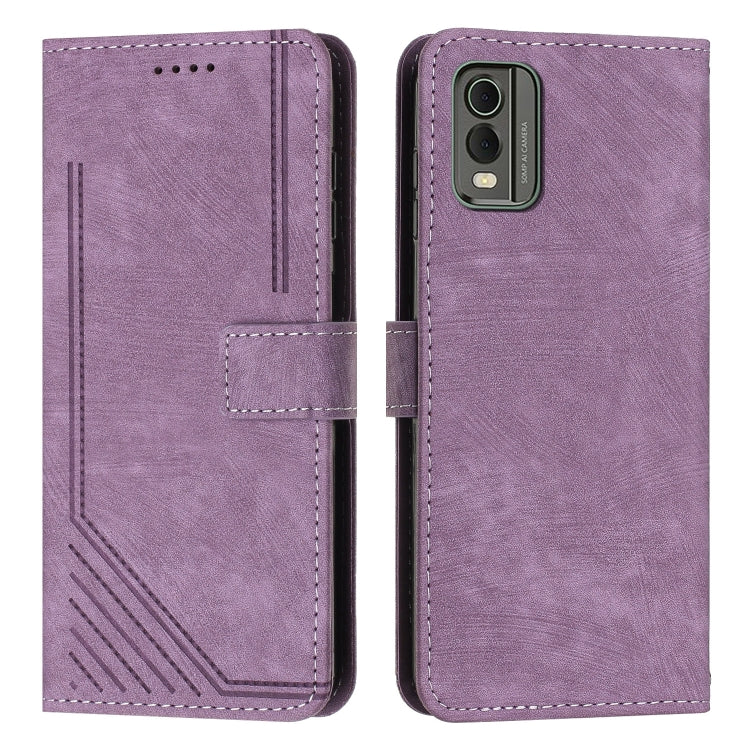 For Nokia C32 Skin Feel Stripe Pattern Leather Phone Case with Lanyard(Purple) - Nokia Cases by buy2fix | Online Shopping UK | buy2fix