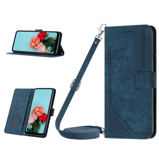 For Tecno Spark 10 Pro Skin Feel Stripe Pattern Leather Phone Case with Lanyard(Blue) - Tecno Cases by buy2fix | Online Shopping UK | buy2fix