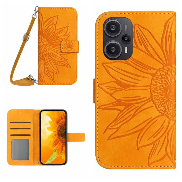 For Xiaomi Poco F5 Skin Feel Sun Flower Embossed Flip Leather Phone Case with Lanyard(Yellow) - Xiaomi Cases by buy2fix | Online Shopping UK | buy2fix