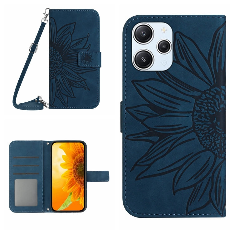 For Xiaomi Redmi 12 4G Global Skin Feel Sun Flower Embossed Flip Leather Phone Case with Lanyard(Inky Blue) - Xiaomi Cases by buy2fix | Online Shopping UK | buy2fix