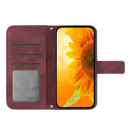 For Xiaomi Redmi 12 4G Global Skin Feel Sun Flower Embossed Flip Leather Phone Case with Lanyard(Wine Red) - Xiaomi Cases by buy2fix | Online Shopping UK | buy2fix