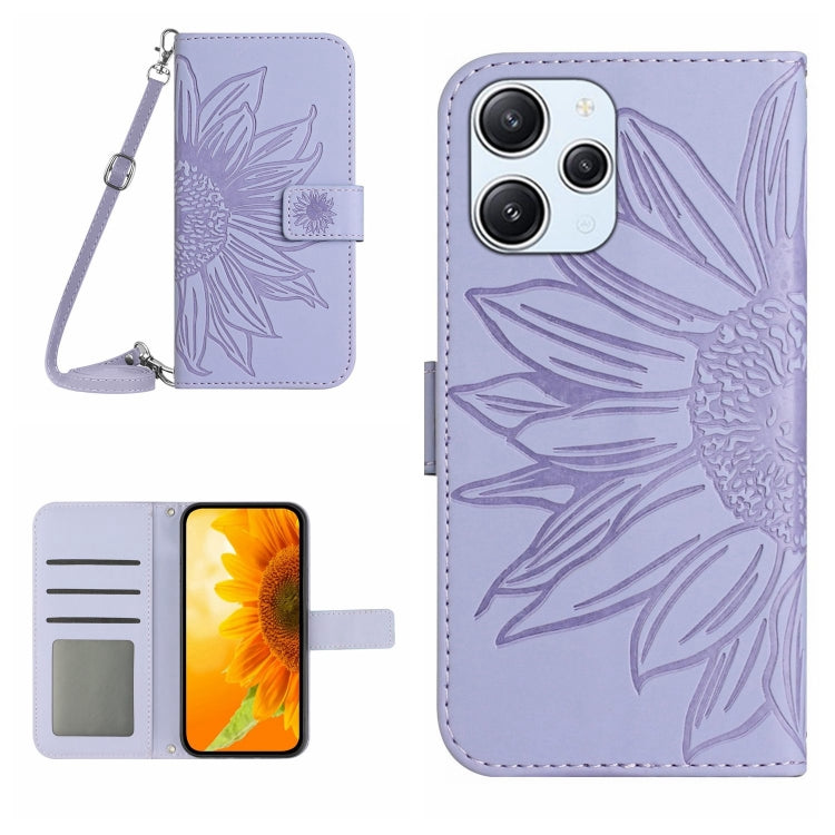 For Xiaomi Redmi 12 4G Global Skin Feel Sun Flower Embossed Flip Leather Phone Case with Lanyard(Purple) - Xiaomi Cases by buy2fix | Online Shopping UK | buy2fix