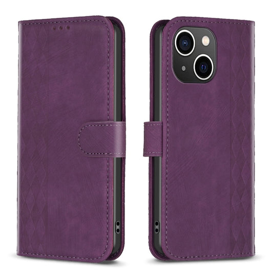 For iPhone 13 Plaid Embossed Leather Phone Case(Purple) - iPhone 13 Cases by buy2fix | Online Shopping UK | buy2fix