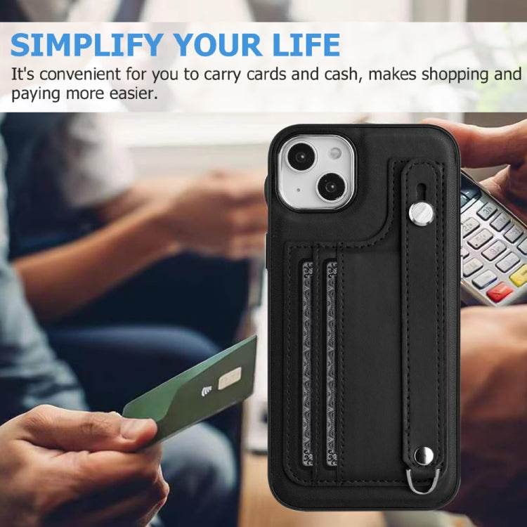 For iPhone 14 Plus Shockproof Leather Phone Case with Wrist Strap(Black) - iPhone 14 Plus Cases by buy2fix | Online Shopping UK | buy2fix