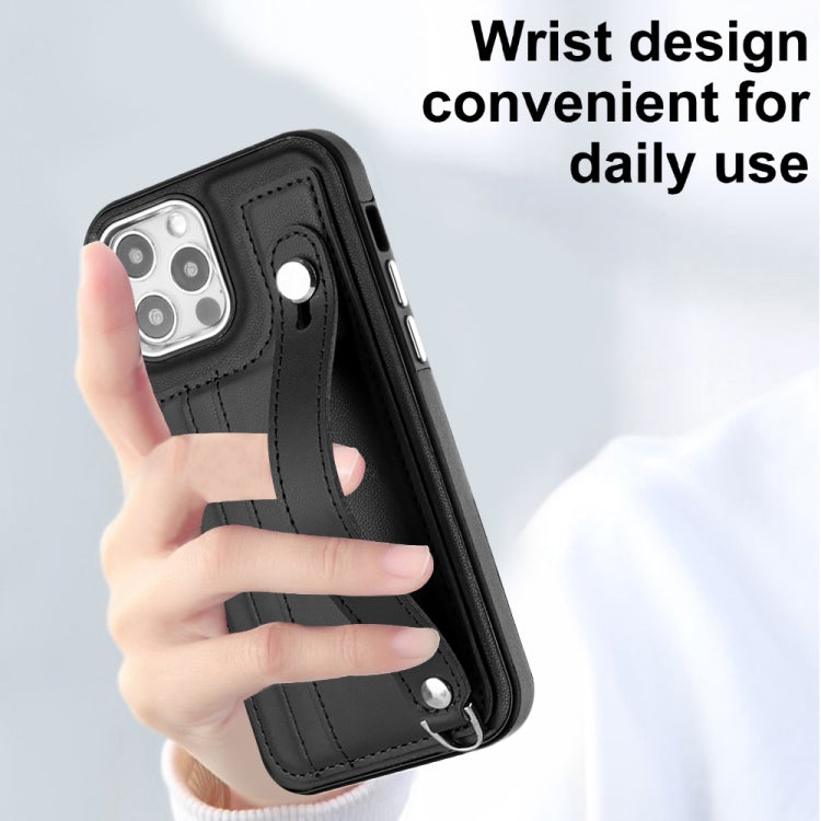 For iPhone 12 / 12 Pro Shockproof Leather Phone Case with Wrist Strap(Black) - iPhone 12 / 12 Pro Cases by buy2fix | Online Shopping UK | buy2fix