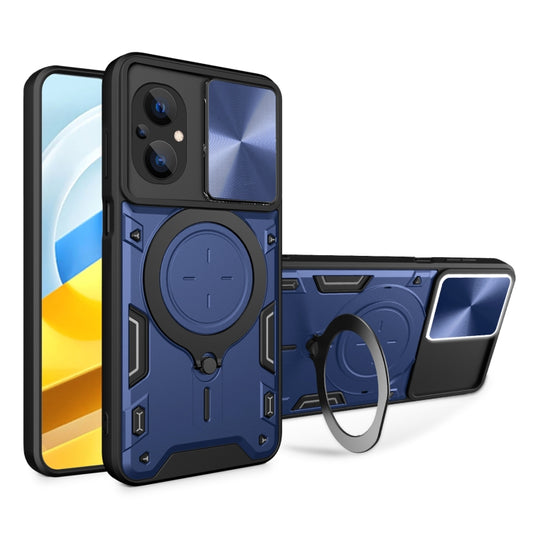 For Xiaomi Poco M5 5G CD Texture Sliding Camshield Magnetic Holder Phone Case(Blue) - Poco M5 Cases by buy2fix | Online Shopping UK | buy2fix