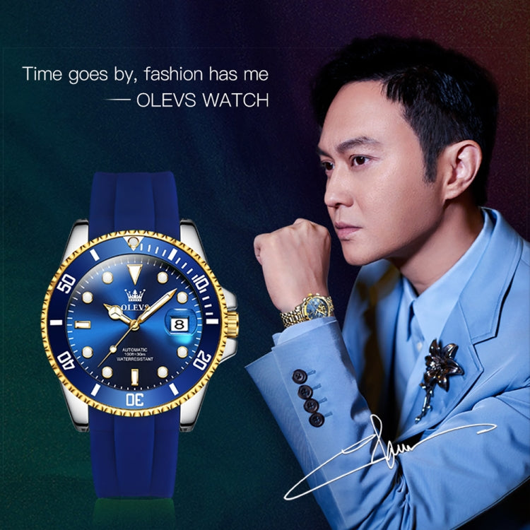 OLEVS 6650 Men Luminous Waterproof Silicone Strap Mechanical Watch(Blue + Gold) - Silicone Strap Watches by OLEVS | Online Shopping UK | buy2fix