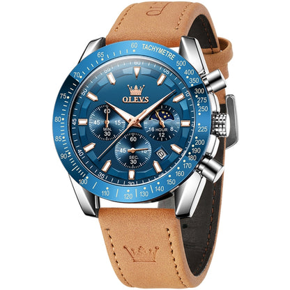 OLEVS 9957 Men Luminous Waterproof Leather Strap Quartz Watch(Blue) - Leather Strap Watches by OLEVS | Online Shopping UK | buy2fix