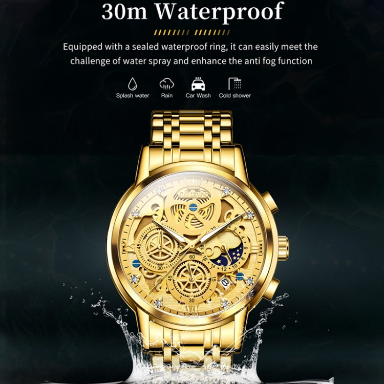 OLEVS 9947 Men Multifunctional Hollow Waterproof Quartz Watch(Gold) - Metal Strap Watches by OLEVS | Online Shopping UK | buy2fix