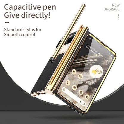 For Google Pixel Fold Litchi Pattern Electroplating Pen Slot Double Hinge Folding Phone Case with Stylus(Black) - Google Cases by buy2fix | Online Shopping UK | buy2fix