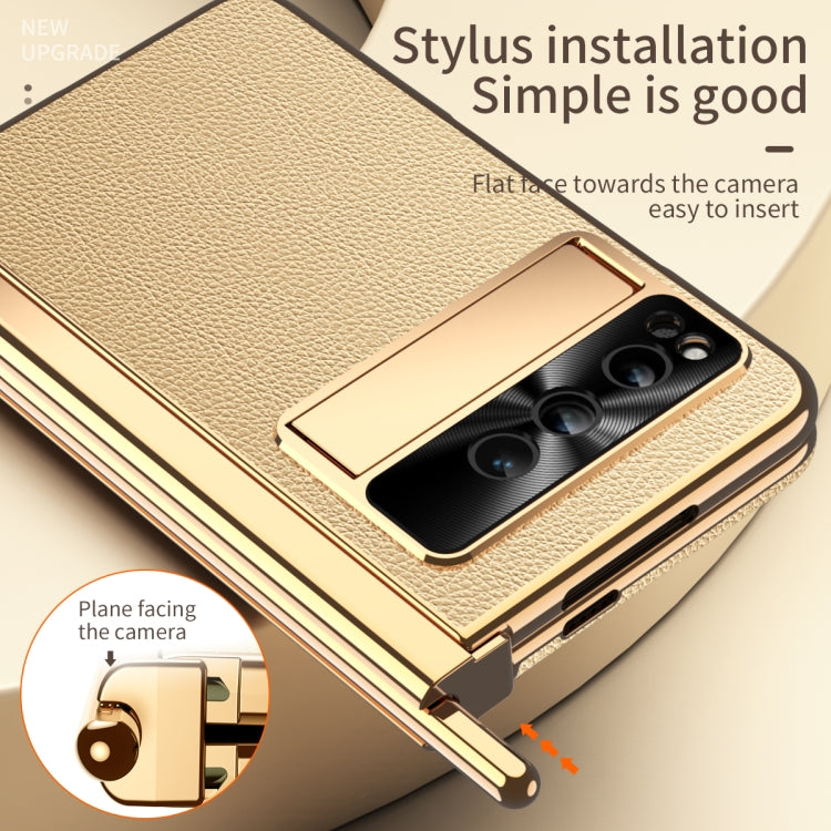 For Google Pixel Fold Litchi Pattern Electroplating Pen Slot Double Hinge Folding Phone Case with Stylus(Gold) - Google Cases by buy2fix | Online Shopping UK | buy2fix