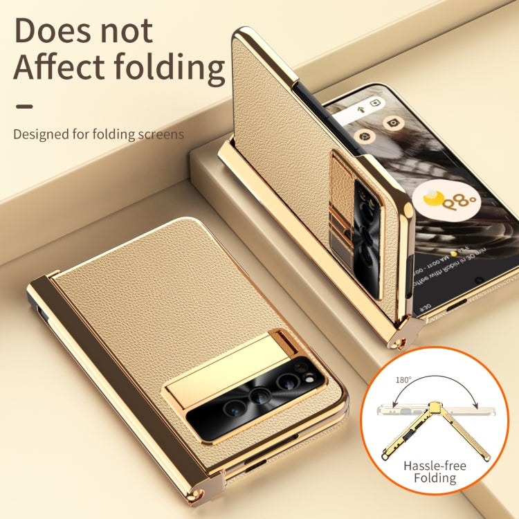 For Google Pixel Fold Litchi Pattern Electroplating Pen Slot Double Hinge Folding Phone Case with Stylus(Gold) - Google Cases by buy2fix | Online Shopping UK | buy2fix