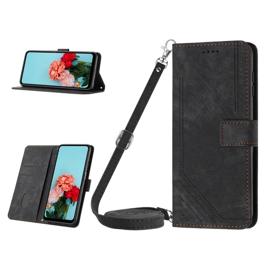 For Infinix Note 30 Pro Skin Feel Stripe Pattern Leather Phone Case with Lanyard(Black) - Infinix Cases by buy2fix | Online Shopping UK | buy2fix
