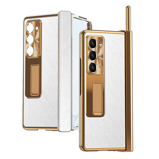 For Samsung Galaxy Z Fold5 Litchi Pattern Magnetic Shell Film Integrated Shockproof Phone Case(Silver Gold) - Galaxy Z Fold5 Cases by buy2fix | Online Shopping UK | buy2fix