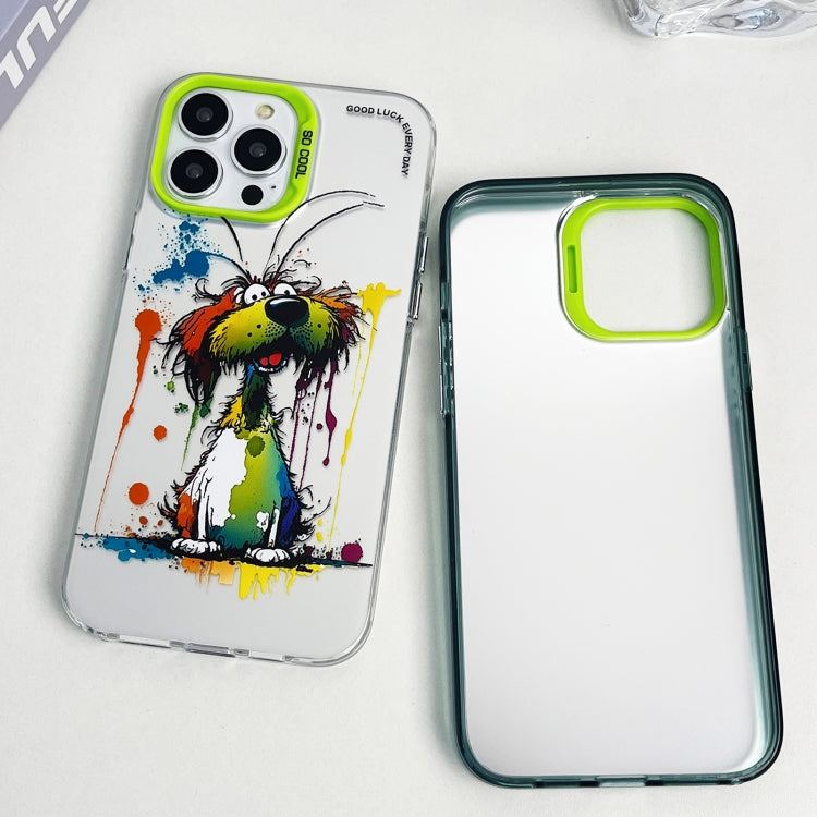 For iPhone 15 Pro Max Double Layer Color Silver Series Animal Oil Painting Phone Case(Green Dog) - iPhone 15 Pro Max Cases by buy2fix | Online Shopping UK | buy2fix