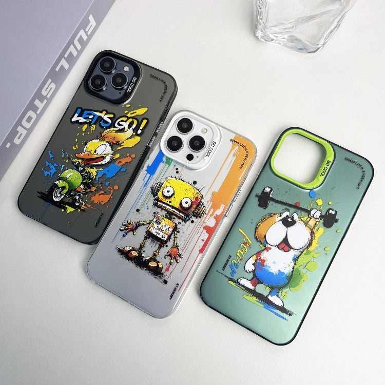 For iPhone 15 Pro Max Double Layer Color Silver Series Animal Oil Painting Phone Case(Green Dog) - iPhone 15 Pro Max Cases by buy2fix | Online Shopping UK | buy2fix