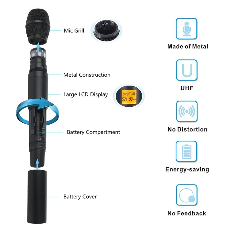 XTUGA A400-H Professional 4-Channel UHF Wireless Microphone System with 4 Handheld Microphone(EU Plug) - Microphone by XTUGA | Online Shopping UK | buy2fix