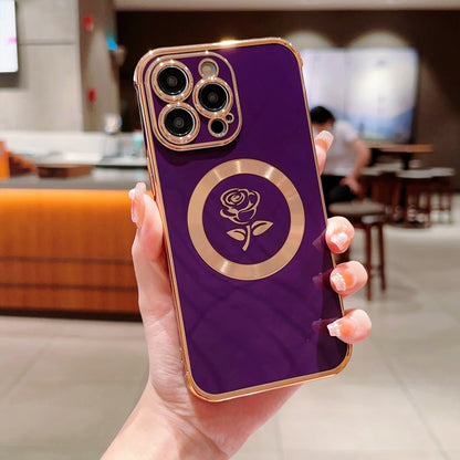 For iPhone 12 Pro Electroplate Side Roses Flower MagSafe Phone Case(Dark Purple) - iPhone 12 / 12 Pro Cases by buy2fix | Online Shopping UK | buy2fix