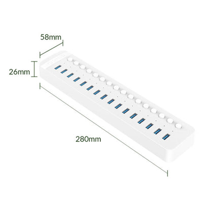 ORICO CT2U3-16AB Plastic Stripes 16 Ports USB 3.0 HUB with Individual Switches, Plug:EU Plug(White) - USB 3.0 HUB by ORICO | Online Shopping UK | buy2fix