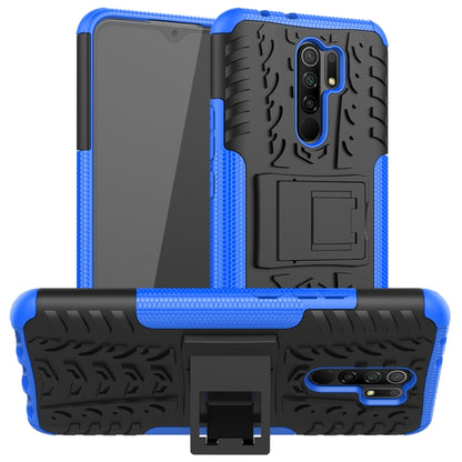 For Xiaomi Redmi 9 Tire Texture Shockproof TPU + PC Protective Case with Holder(Blue) - Xiaomi Accessories by buy2fix | Online Shopping UK | buy2fix