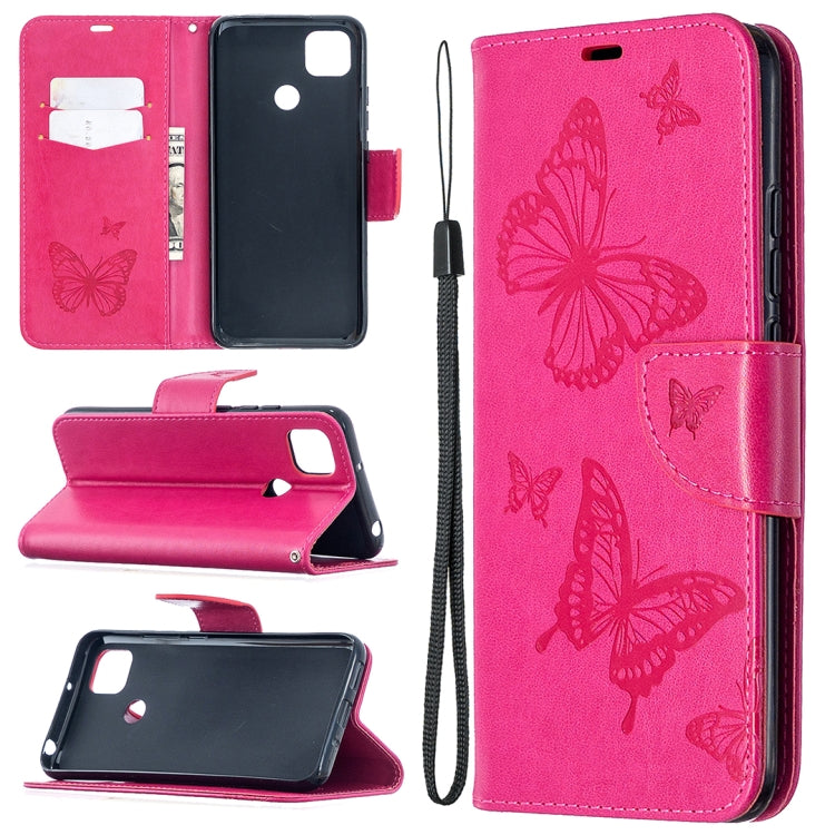 For Xiaomi Redmi 9C Two Butterflies Embossing Pattern Horizontal Flip Leather Case with Holder & Card Slot & Wallet & Lanyard(Rose Red) - Xiaomi Cases by buy2fix | Online Shopping UK | buy2fix