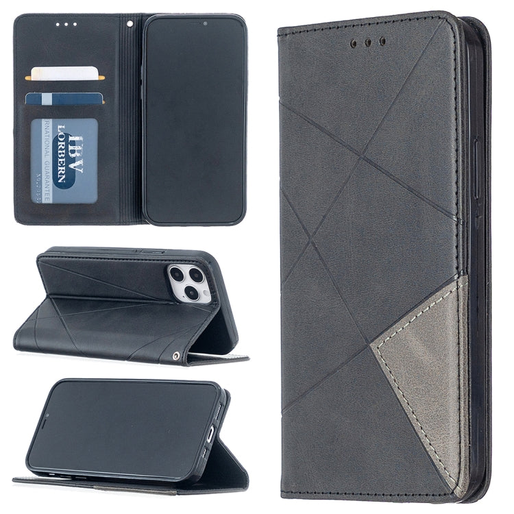 For iPhone 12 / 12 Pro Rhombus Texture Horizontal Flip Magnetic Leather Case with Holder & Card Slots(Black) - Apple Accessories by buy2fix | Online Shopping UK | buy2fix