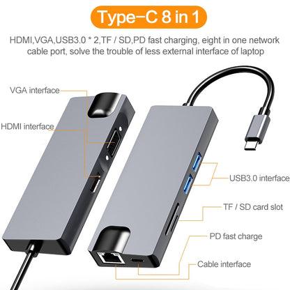 HW-TC12 8 In 1 Type-C / USB-C Multifunctional Extension HUB Adapter Hdmi / Vga Hub Card Reader + Network Card - Computer & Networking by buy2fix | Online Shopping UK | buy2fix