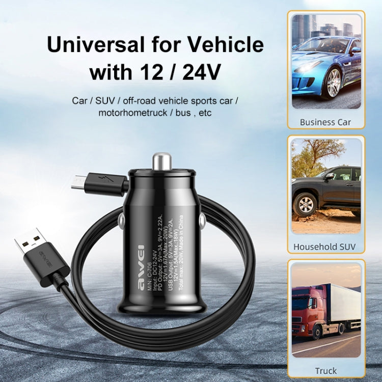 awei C-706 20W PD Type-C + QC 3.0 Type-A Car Charger with CL-110T Data Cable - Car Charger by awei | Online Shopping UK | buy2fix