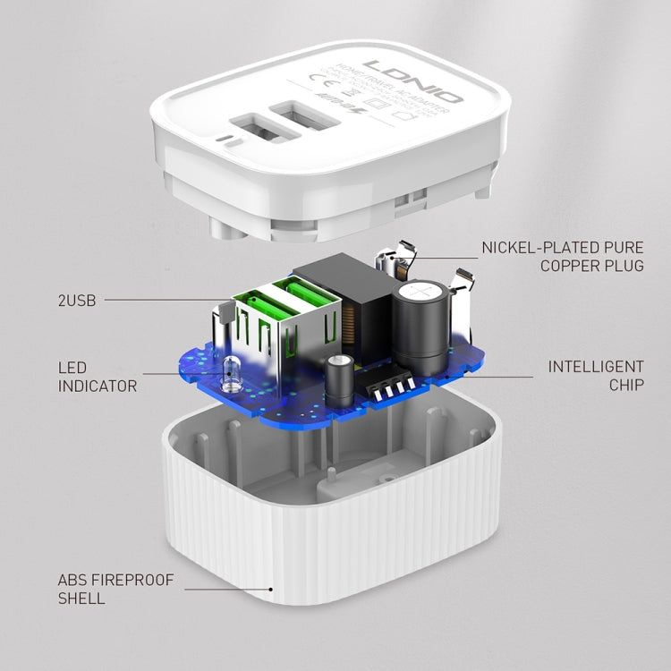 LDNIO A201 2.4A Dual USB Charging Head Travel Direct Charge Mobile Phone Adapter Charger With 8 Pin Data Cable(EU Plug) - USB Charger by LDNIO | Online Shopping UK | buy2fix