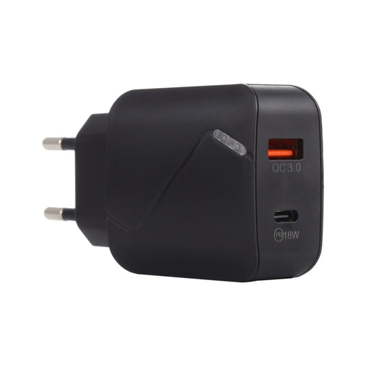 LZ-819A+C QC3.0 USB + PD 18W USB-C / Type-C Interfaces Travel Charger with Indicator Light, EU Plug (Black) - Apple Accessories by buy2fix | Online Shopping UK | buy2fix