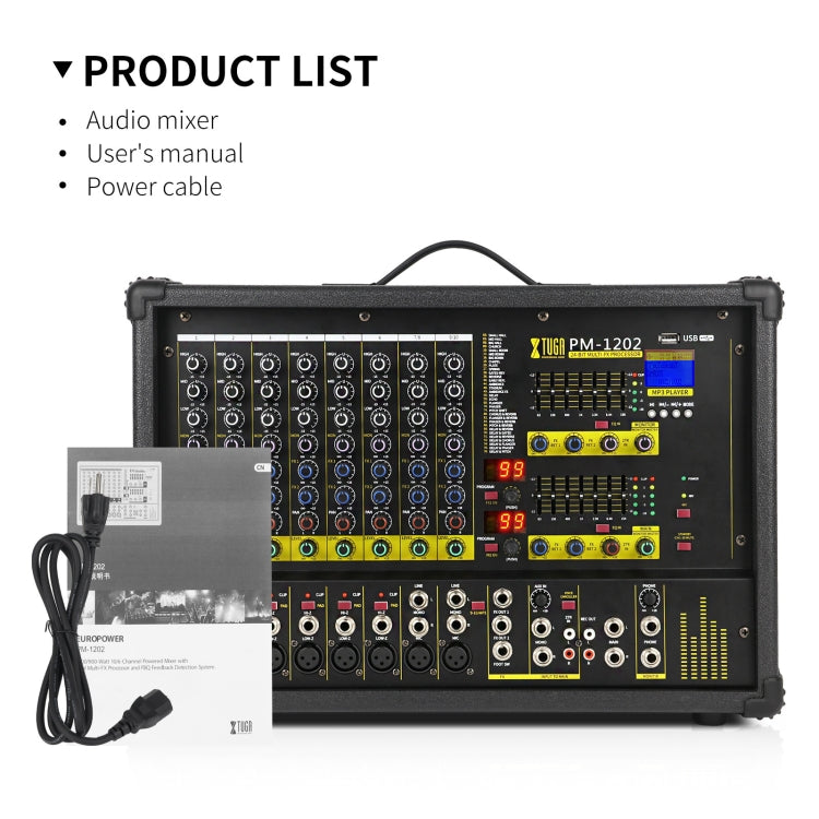 XTUGA PM1202 900W 10 Channel Stage Power Mixer 24Bit Multil-FX Processor Dual 99 DSP Effect DJ Amplifier (US Plug) - Live Sound Effects Processors by XTUGA | Online Shopping UK | buy2fix