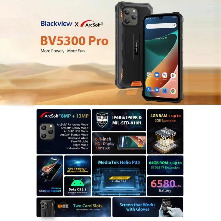 Blackview BV5300 Pro Rugged Phone, 4GB+64GB, IP68/IP69K/MIL-STD-810H, Face Unlock, 6580mAh Battery, 6.1 inch Android 12 MTK6765 Helio P35 Octa Core up to 2.3GHz, Network: 4G, OTG, NFC, Dual SIM(Green) - Blackview by Blackview | Online Shopping UK | buy2fix