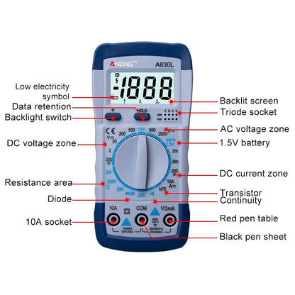 ANENG A830L Handheld Multimeter Household Electrical Instrument(White Grey) - Current & Voltage Tester by ANENG | Online Shopping UK | buy2fix