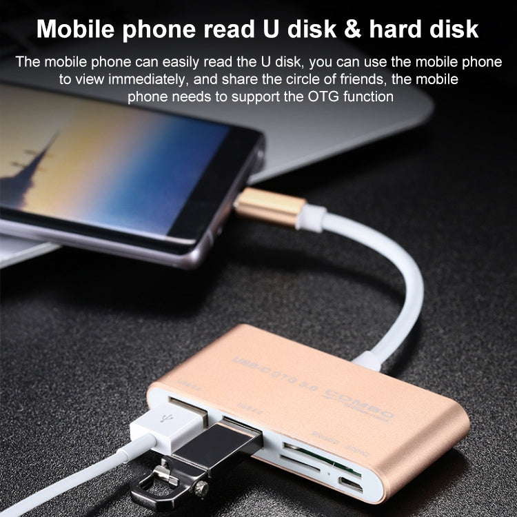 COMBO T-693 5 in 1 USB-C / Type-C to SD / TF / Micro SD Card Slot + USB 3.0 + USB 2.0Ports OTG HUB Card Reader(Gold) - Computer & Networking by buy2fix | Online Shopping UK | buy2fix