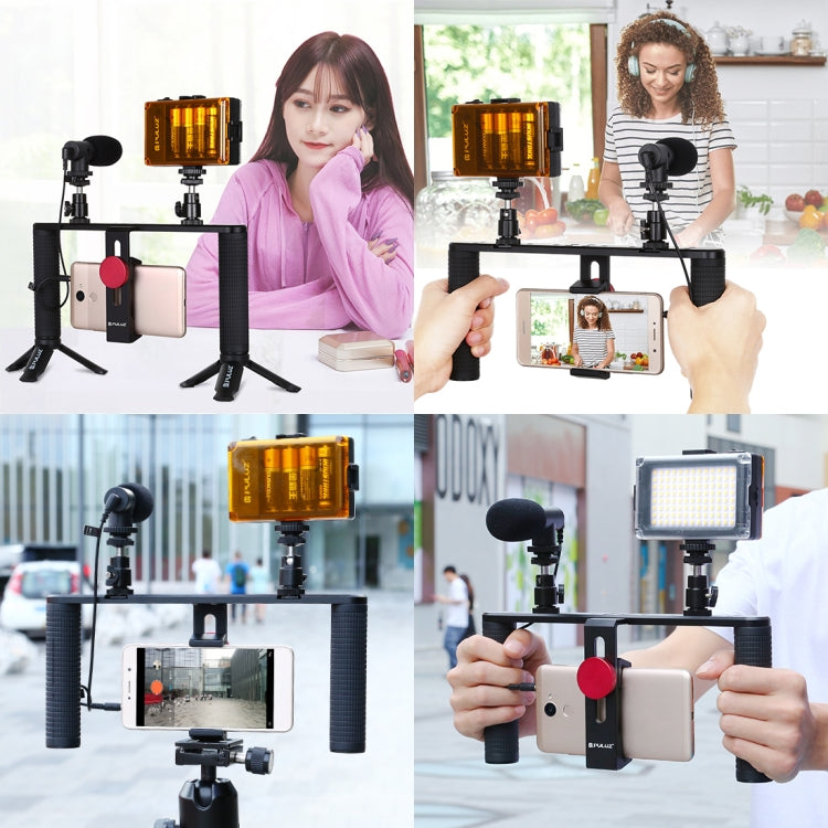 PULUZ 4 in 1 Vlogging Live Broadcast LED Selfie Light Smartphone Video Rig Handle Stabilizer Aluminum Bracket Kits with Microphone + Tripod Mount + Cold Shoe Tripod Head - Camera Cage by PULUZ | Online Shopping UK | buy2fix