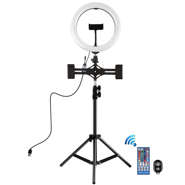 PULUZ 10.2 inch 26cm Curved Surface RGBW LED Ring Light + 1.1m Tripod Mount + Dual Phone Brackets Horizontal Holder + Vlogging Video Light  Live Broadcast Kits with Remote Control & Phone Clamp(Black) - Ring Light by PULUZ | Online Shopping UK | buy2fix