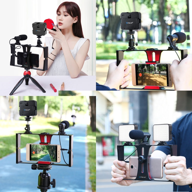 PULUZ 4 in 1 Vlogging Live Broadcast LED Selfie Fill Light Smartphone Video Rig Kits with Microphone + Tripod Mount + Cold Shoe Tripod Head for iPhone, Galaxy, Huawei, Xiaomi, HTC, LG, Google, and Other Smartphones(Red) - Camera Cage by PULUZ | Online Shopping UK | buy2fix