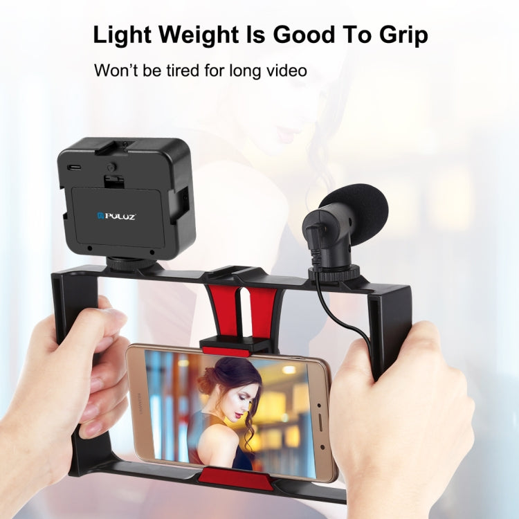 PULUZ 4 in 1 Vlogging Live Broadcast LED Selfie Fill Light Smartphone Video Rig Kits with Microphone + Tripod Mount + Cold Shoe Tripod Head for iPhone, Galaxy, Huawei, Xiaomi, HTC, LG, Google, and Other Smartphones(Red) - Camera Cage by PULUZ | Online Shopping UK | buy2fix