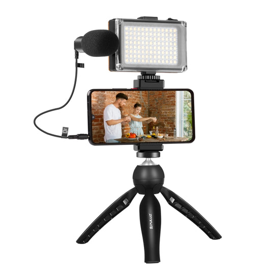 PULUZ Live Broadcast Smartphone Video Light Vlogger Kits with Microphone + LED Light + Tripod Mount + Phone Clamp Holder (Black) - Stand by PULUZ | Online Shopping UK | buy2fix