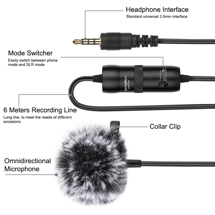 PULUZ 3.5mm Jack Lavalier Omnidirectional Condenser Recording Video Microphone, Length: 6m - Consumer Electronics by PULUZ | Online Shopping UK | buy2fix