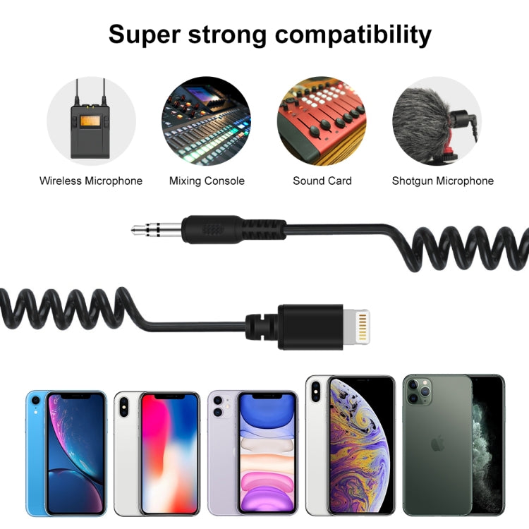 PULUZ 3.5mm TRRS Male to 8 Pin Male Live Microphone Audio Adapter Spring Coiled Cable for iPhone, Cable Stretching to 100cm(Black) - Consumer Electronics by PULUZ | Online Shopping UK | buy2fix