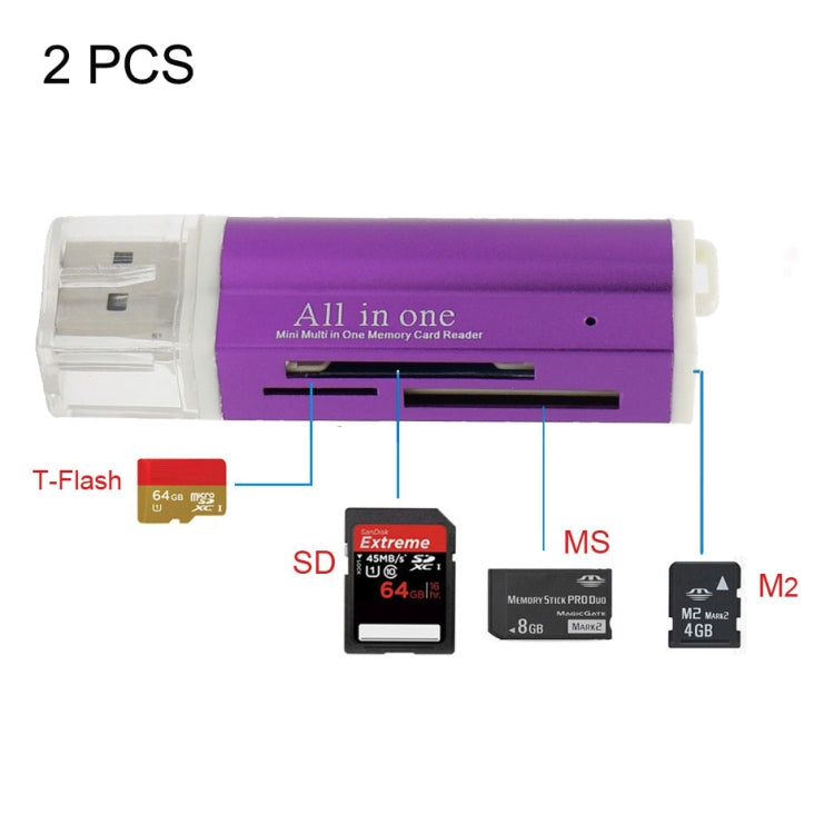 2 PCS Multi All in 1 USB 2.0 Micro SD SDHC TF M2 MMC MS PRO DUO Memory Card Reader(Purple) -  by buy2fix | Online Shopping UK | buy2fix