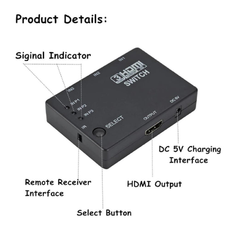 Full HD 1080P 3D HDMI 3x1 Switch with IR Remote Control - Switch by buy2fix | Online Shopping UK | buy2fix